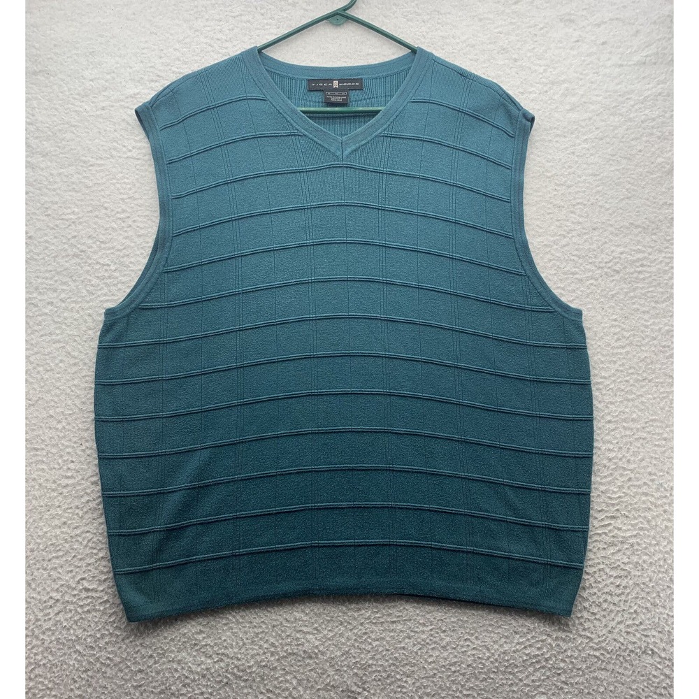 VTG Nike Tiger Woods Golf Vest Mens XL X-Large V-Neck Teal Blue Checkered Knit